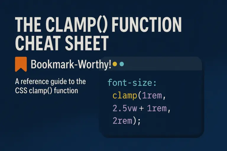 A 2D digital graphic design of a cheat sheet dedicated to the CSS clamp function