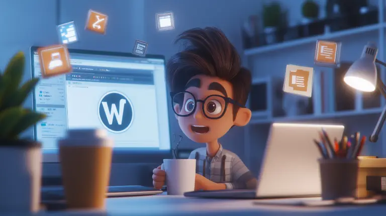 Cartoon-style web designer smiling at a desk with a coffee cup, surrounded by floating AI icons and a glowing WordPress logo on a computer screen, representing AI tools helping with WordPress tasks.