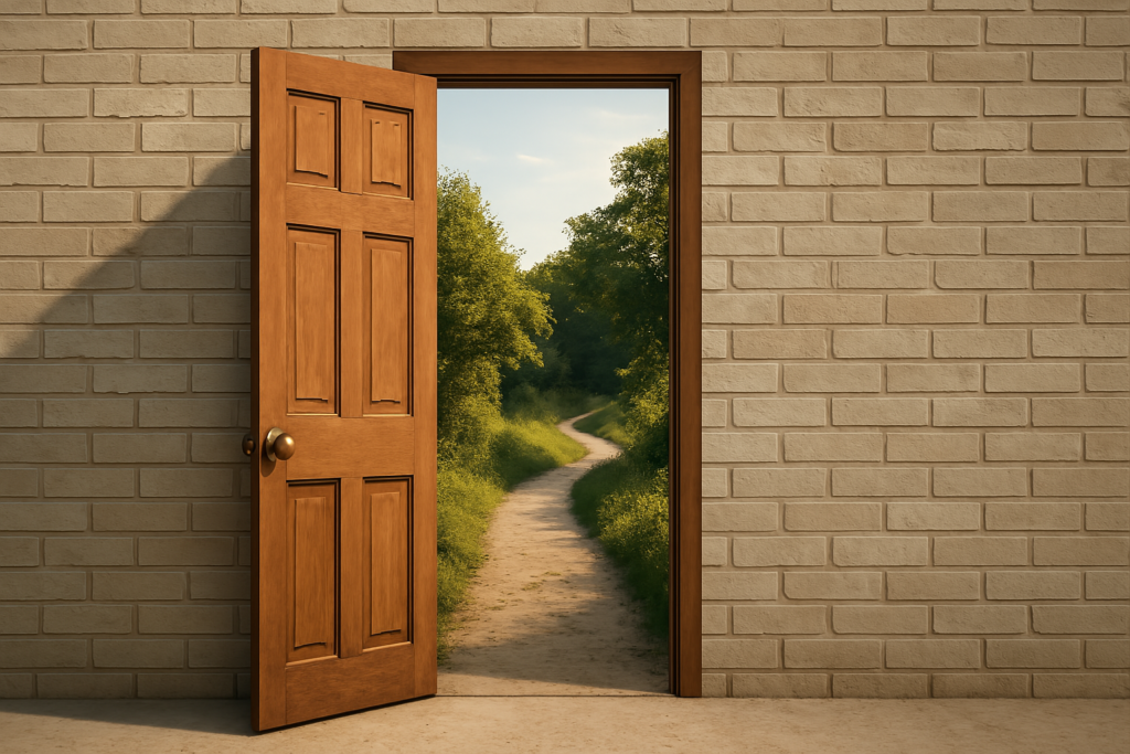 An open wooden door in a brick wall revealing a bright, winding path through a sunlit landscape, symbolising new opportunities and increased website traffic through business blogging.