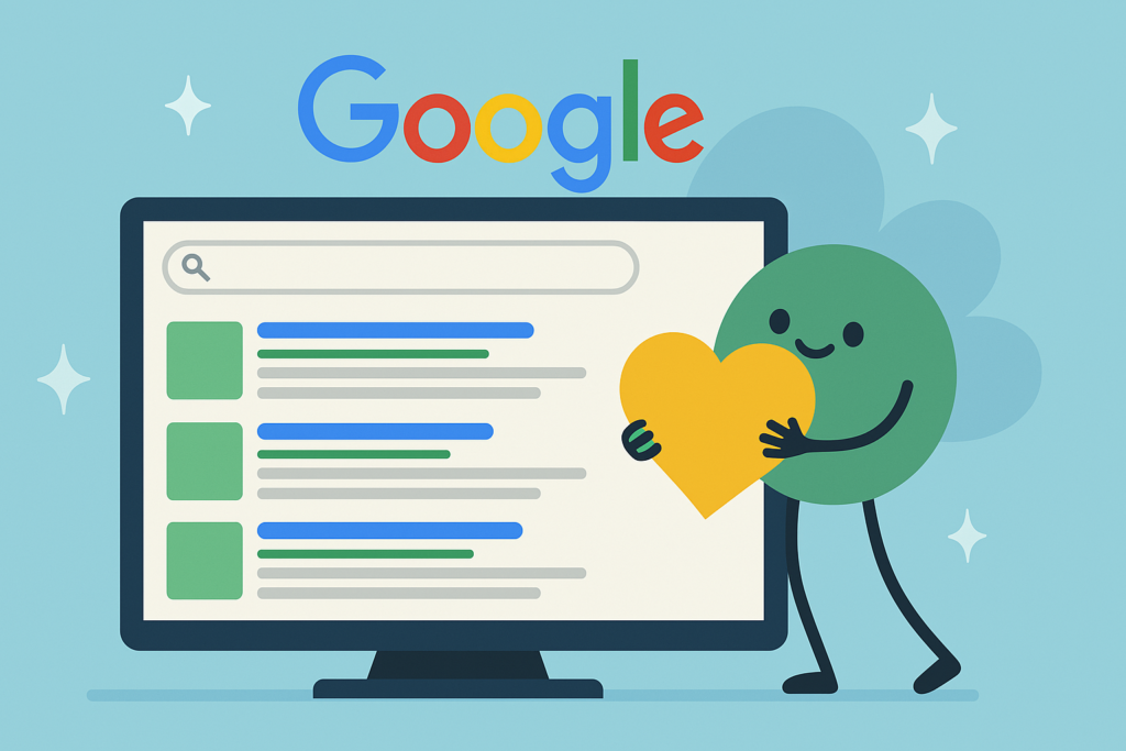 A colourful illustration of a computer screen displaying search results, with a happy character holding a golden heart beside it—symbolising Google’s strong preference for blog content and its positive impact on SEO.