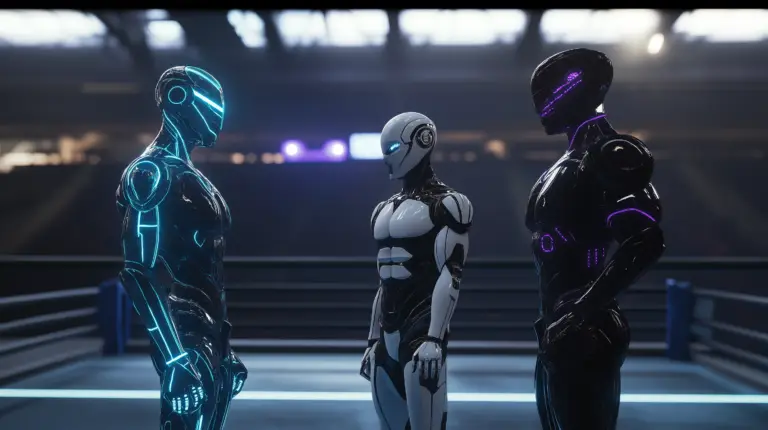 Three futuristic AI robots facing off in a high-tech boxing ring